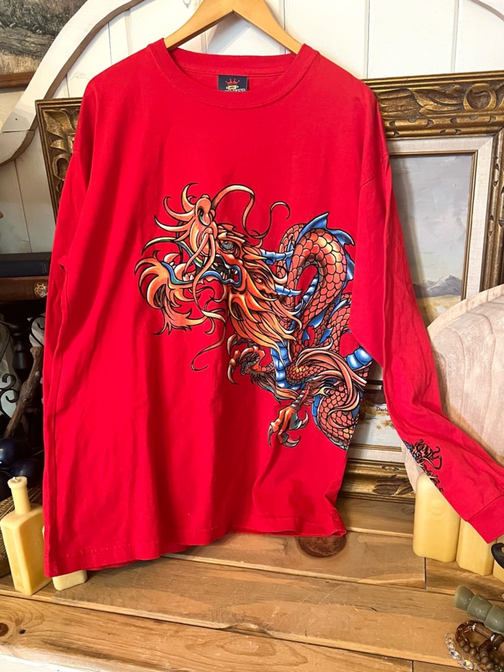 Vintage JNCO Jeans Red On Red Dragon Graphic Long Sleeve T Shirt L WRAP AROUND